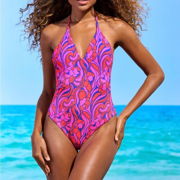 Maaji Reversible One Piece Swimsuit Size Small Floral Psychedelic Pink Halter - Picture 1 of 16